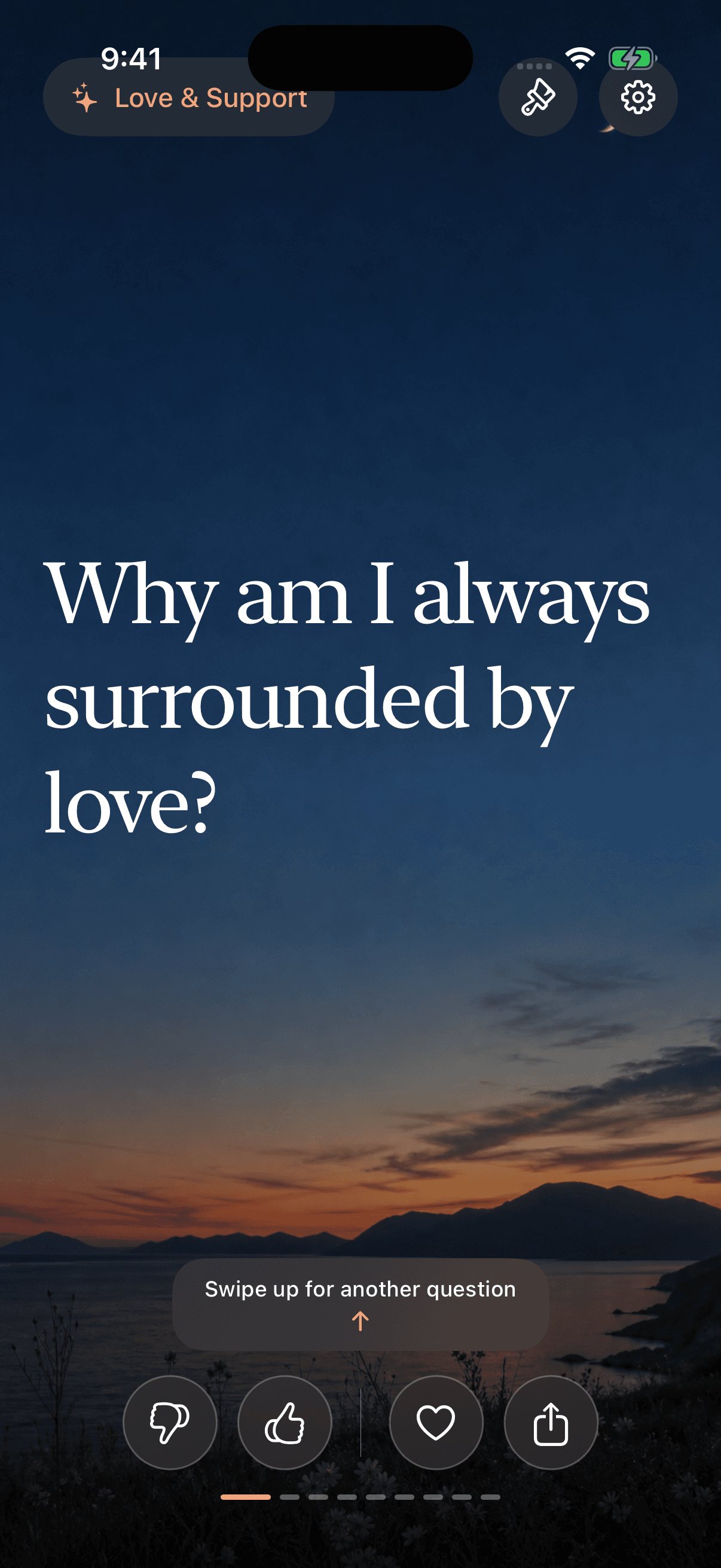 The actual Lofty app showing a Love and Support question over a sunset landscape